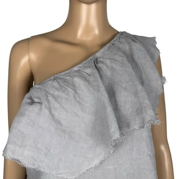 Gray Zara Linen Asymmetrical One Shoulder Ruffle Raw Hem Boho Blouse Top (NWT) - Picture 5 of 8